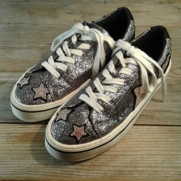 Zara Women's Glitter Star Canvas Platform Sneakers 37